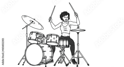A woman playing a drum set with drumsticks raised high and a serious expression on her face while sitting