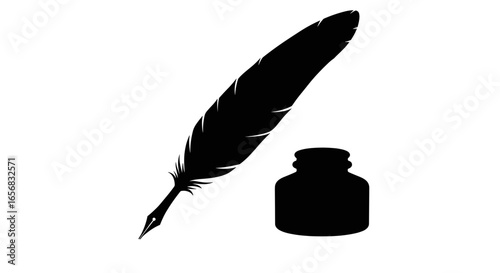 A quill pen with an inkwell sitting beside it creating a classic writing implement illustration style