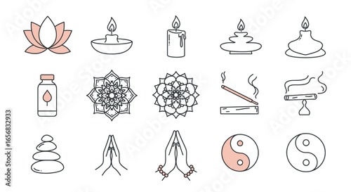 Collection of spiritual and wellness elements including lotus candle incense and yin yang symbols art