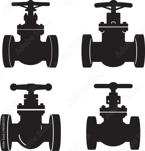 Four industrial gate valve silhouettes in black isolated on white background silhouette