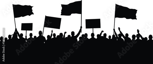 Crowd of Protesters Silhouette Holding Flags and Signs on Transparent Background silhouette