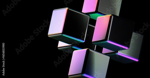 Floating multi-colored cubes in dark background. Cubes create a sense of abstract design and visual interest