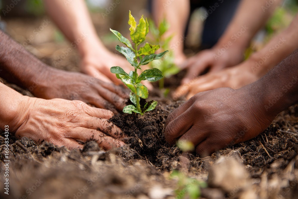 Fototapeta premium Diverse hands planting seedlings in rich soil