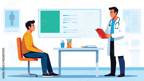 Professional male doctor providing medical consultation to a male patient in a modern clinic office, an illustrative representation of healthcare and wellness services.
