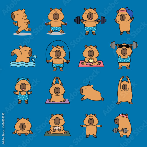 Cute Cartoon Capybaras Doing Various Exercises