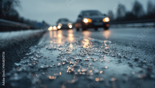 Icy road surface at twilight