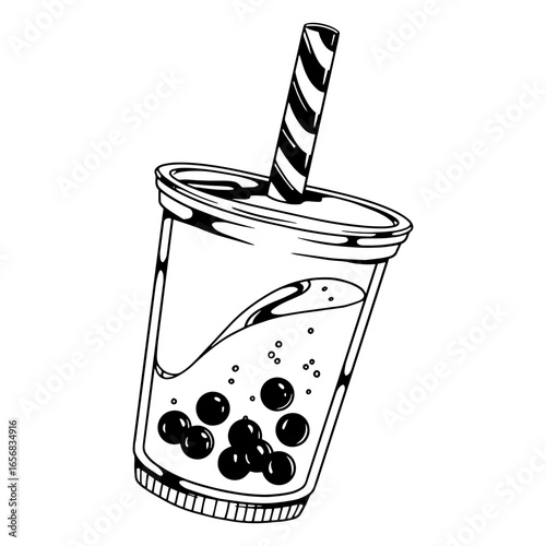 Black and white drawing of a bubble tea cup with a straw
