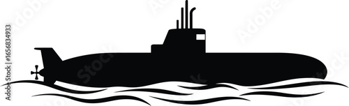 Submarine Sailing on the Water Silhouette on Transparent Background