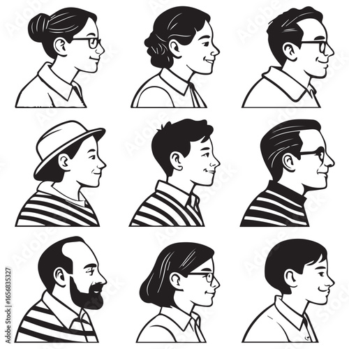 Collection of diverse hand drawn profile portraits of men and women in black and white sketch style showcasing different ages and appearances