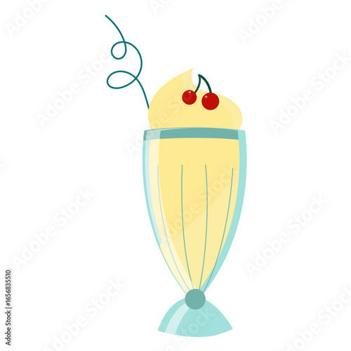 Cocktail glass cherry drinking straw flat
