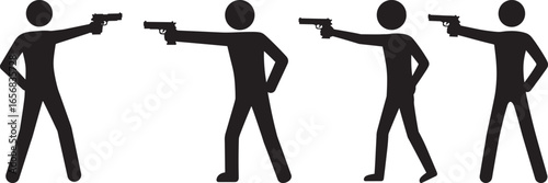 Four silhouetted figures aiming handguns in a row isolated on white background