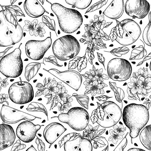 Seamless pattern of apples and pears. Fruits, leaves and flowers