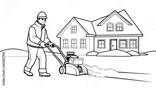 A male worker using a snowblower, focused mood, clearing snow in front of a house, winter landscape