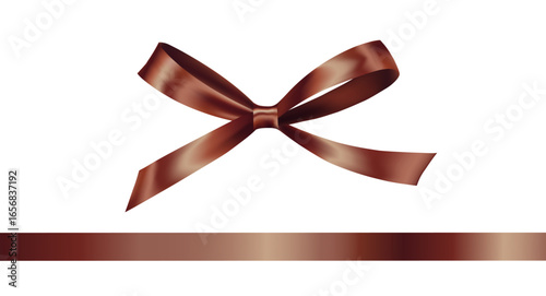 Shiny Brown satin ribbon on white background. Vector Christmas gift, valentines day, birthday wrapping element