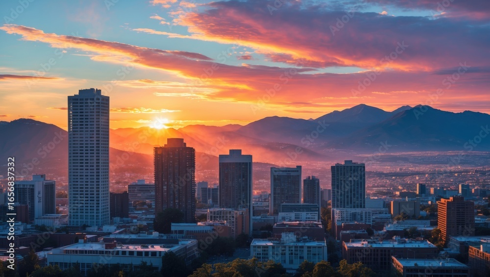 Fototapeta premium Salt Lake City Skyline at Sunset Utah Urban Landscape with Mountains Backdrop