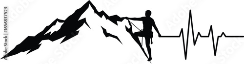 Mountain Climber Silhouette with Heartbeat on Transparent Background a design featuring a mountaineer climbing a mountain with a heartbeat line