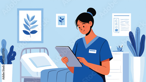 Nurse using digital tablet in hospital room - Vector Illustration