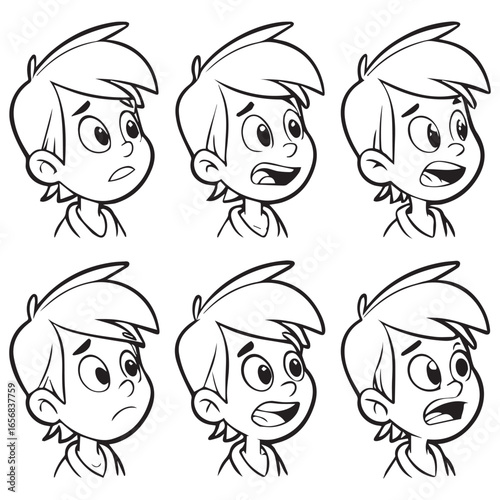 Collection of six expressive cartoon boy head illustrations showing various emotions and facial expressions for animation or design