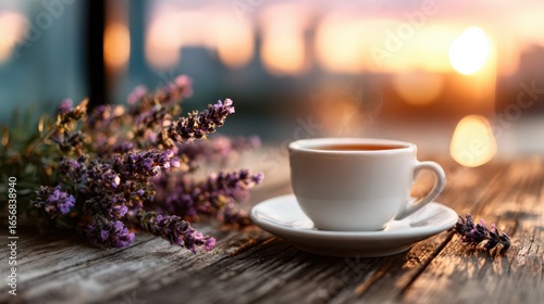 A steaming cup of tea alongside lavender flowers captures the serene essence of relaxation during a picturesque sunset, inviting moments of tranquility and peace.