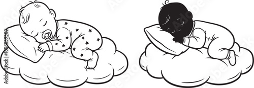 Two babies sleeping peacefully on fluffy clouds one in silhouette isolated on white background