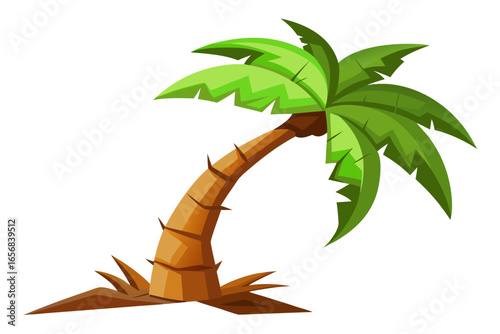 Vibrant green palm tree with a curved brown trunk and spiky texture emerges from sandy ground, evoking tropical paradise and vacation vibes