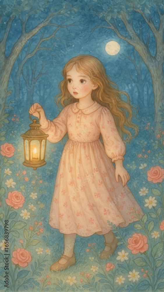 Fototapeta premium Whimsical girl lantern night