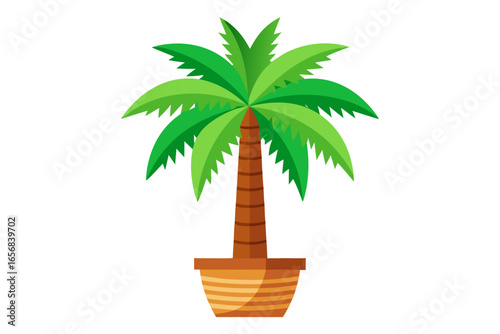 Vibrant green palm tree in a stylized pot, evoking tropical paradise, summer vibes, and exotic vacation dreams, perfect for travel, decor, or branding.