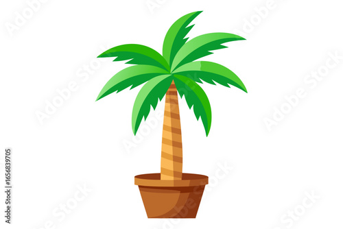 Vibrant green palm tree in a terracotta pot brings tropical paradise vibes and refreshing natural beauty to any design project, evoking sunny vacation dreams and lush outdoor living.