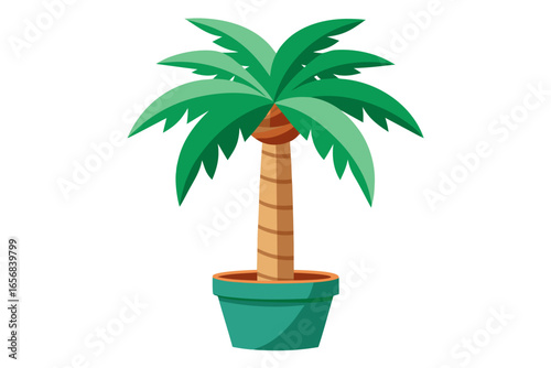 Vibrant potted palm tree brings tropical paradise vibes and lush greenery to any design project, evoking relaxation and summer fun for a cheerful aesthetic.