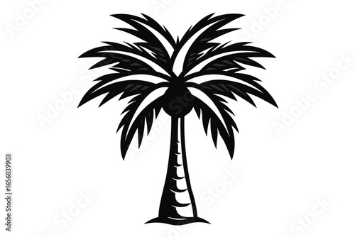 Bold black silhouette of a majestic palm tree with lush green fronds standing tall, evoking tropical paradise, summer vacation, and serene beach vibes for your next project.
