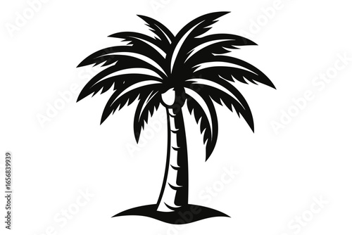 Captivating silhouette of a classic palm tree, its lush fronds reaching skyward, evoking tropical paradise vibes and serene beach escapades for your next vibrant design project.