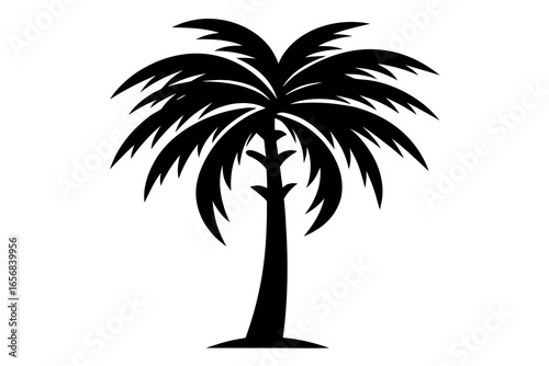 Bold black silhouette of a classic palm tree with lush fronds and a sturdy trunk, evoking tropical paradise and sunny vacation vibes.