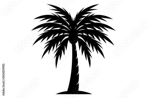 Iconic black silhouette of a tropical palm tree with its distinctive fronds reaching outwards, perfect for summer vacation and exotic destination themes.