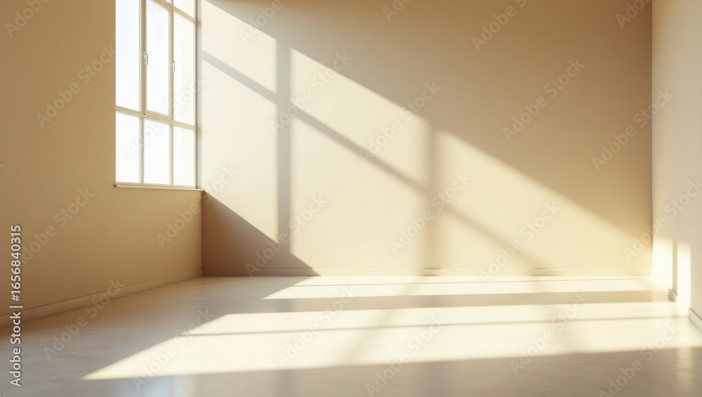 Fototapeta premium Sunlit Empty Room Interior with Large Window and Beige Walls for Design Mockups