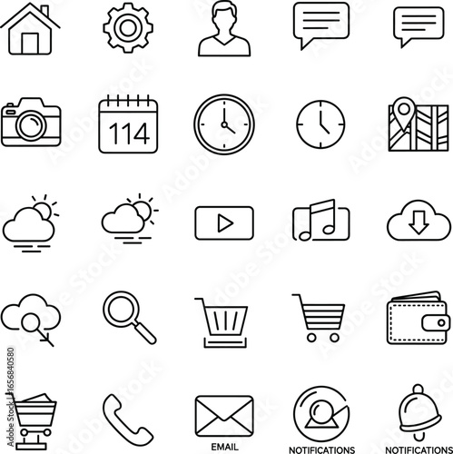 User interface icon set, communication and social media line icons, home, settings, profile, chat, calendar, clock, weather, shopping cart