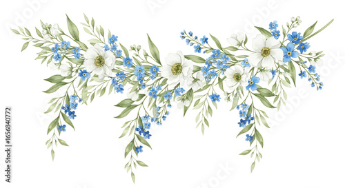 Delicate Floral Wreath with White and Blue Flowers Green Leaves Elegant Design Stock Photo