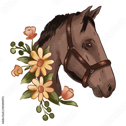Brown horse with flowers and a bridle