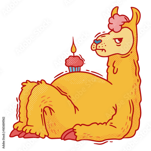 Cartoon llama with a birthday cake