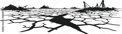 Cracked Earth Landscape Aftermath Silhouette on Transparent Background