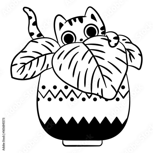 Cat peeking from tropical plant