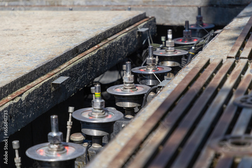 Technical components of a dancing water fountain under maintenance