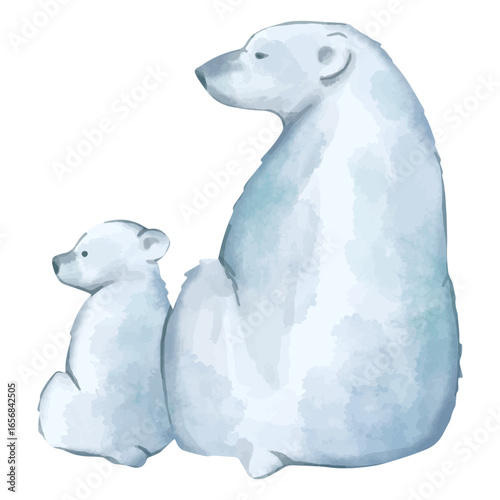 Cute polar bear mother and baby back watercolor animals
