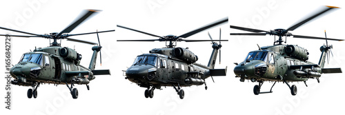 Set Of Modern Military Helicopter Gunship Side View with Rotating Blades, Transparent Background