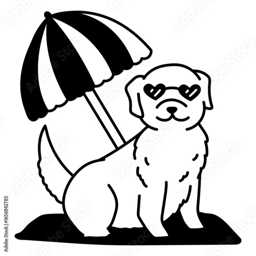 Dog relaxing under beach umbrella