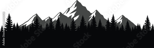 Vector art of scenic mountain range landscape with pine trees, showcasing natures beauty and tranquility, perfect for travel and outdoor adventure themes