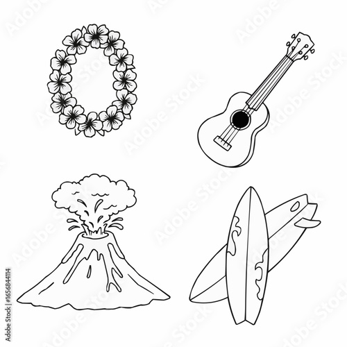 Tropical elements including ukulele, surfboards, volcano, and lei  