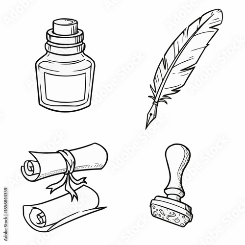 Ink bottle, quill pen, rolled parchment, and seal stamp illustrations  