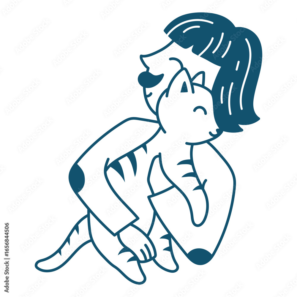 Fototapeta premium Playful illustration of a person cuddling a cat