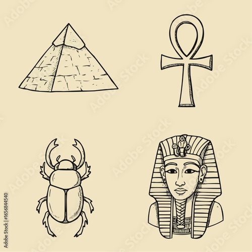 Egyptian symbols including pyramid, ankh, scarab, and pharaoh  