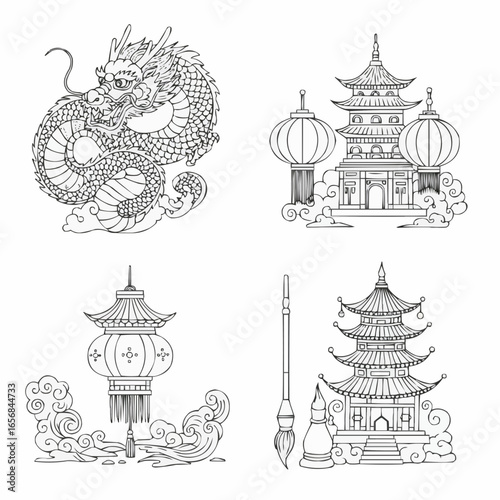 Traditional Asian dragon and pagoda illustrations in black and white  